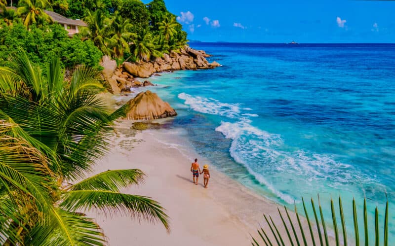 Drone aerial view of La Digue Seychelles bird eye view.of tropical Island. mature couple men and women on vacation in Seychelles