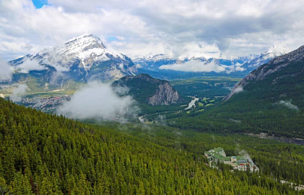 view of mountain and valley from banff upper hot springs