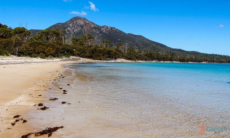 A beach with a mountain in the background