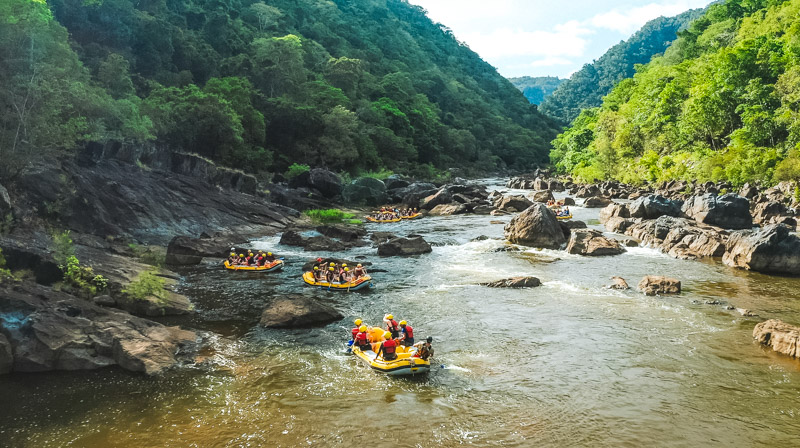 Aerial view of a white water rafting along the Barron River